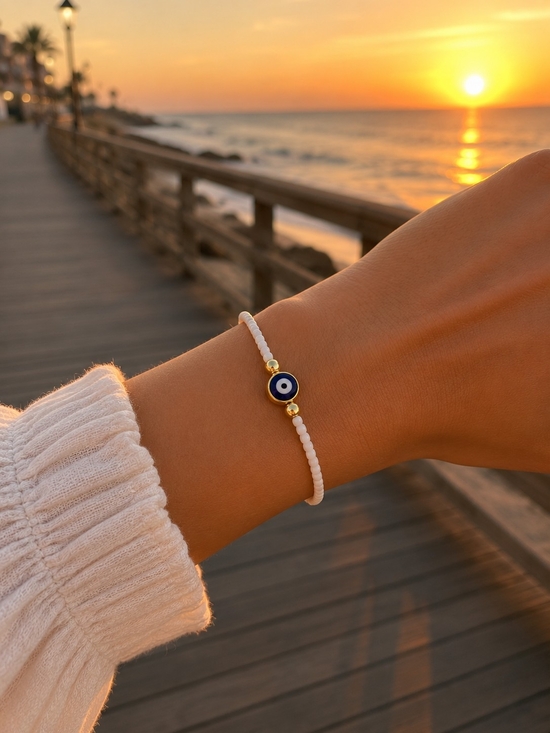 Jewelry - White Beaded Bracelet with Blue Evil Eye Charm